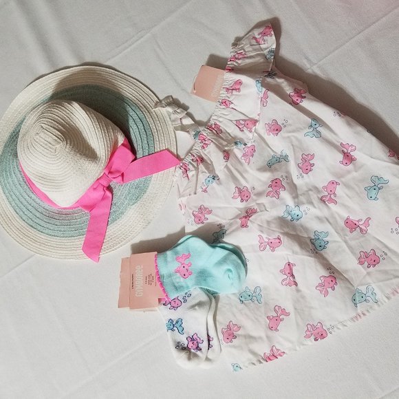 Gymboree Bubbly Baby3-6 Month Dress, diaper cover, socks & Hat NWT
